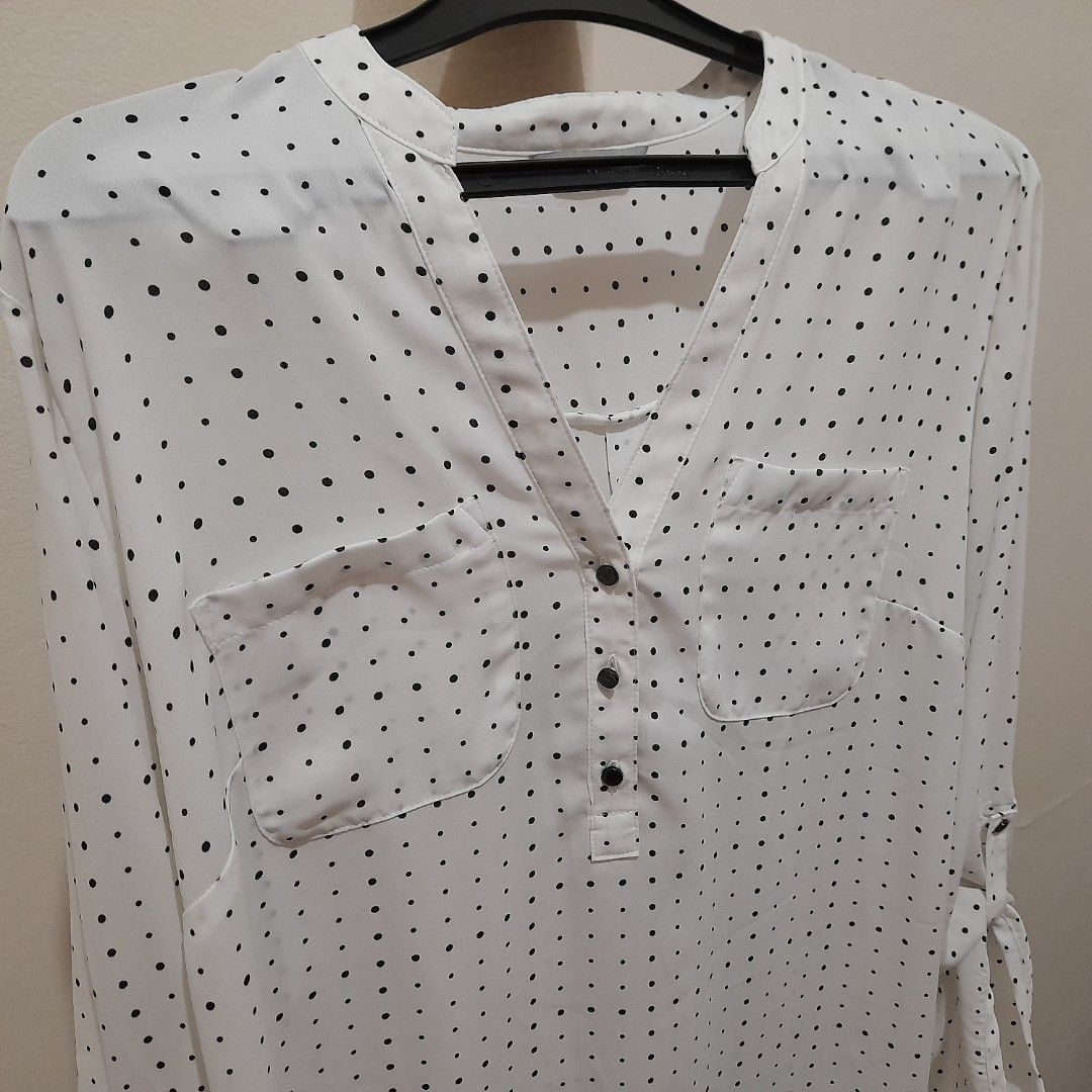 Mu0026S Polka Dot Blouse, Fesyen Wanita, Pakaian Wanita, Atasan di Carousell
