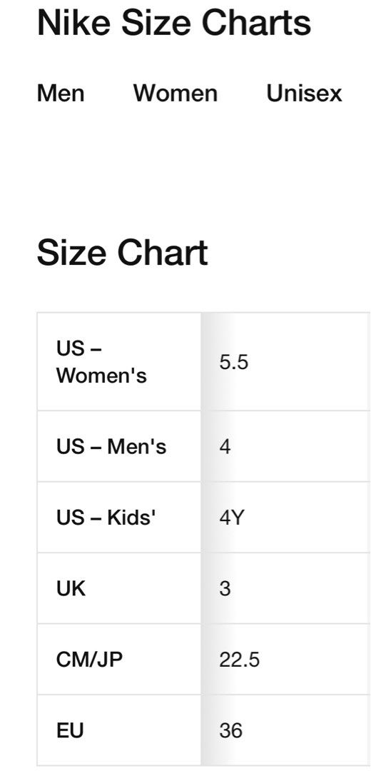 Nike 4y size store chart