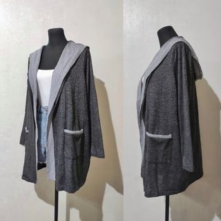 plus size 1X hooded cardigan black gray grey open jacket coat with hoodie
