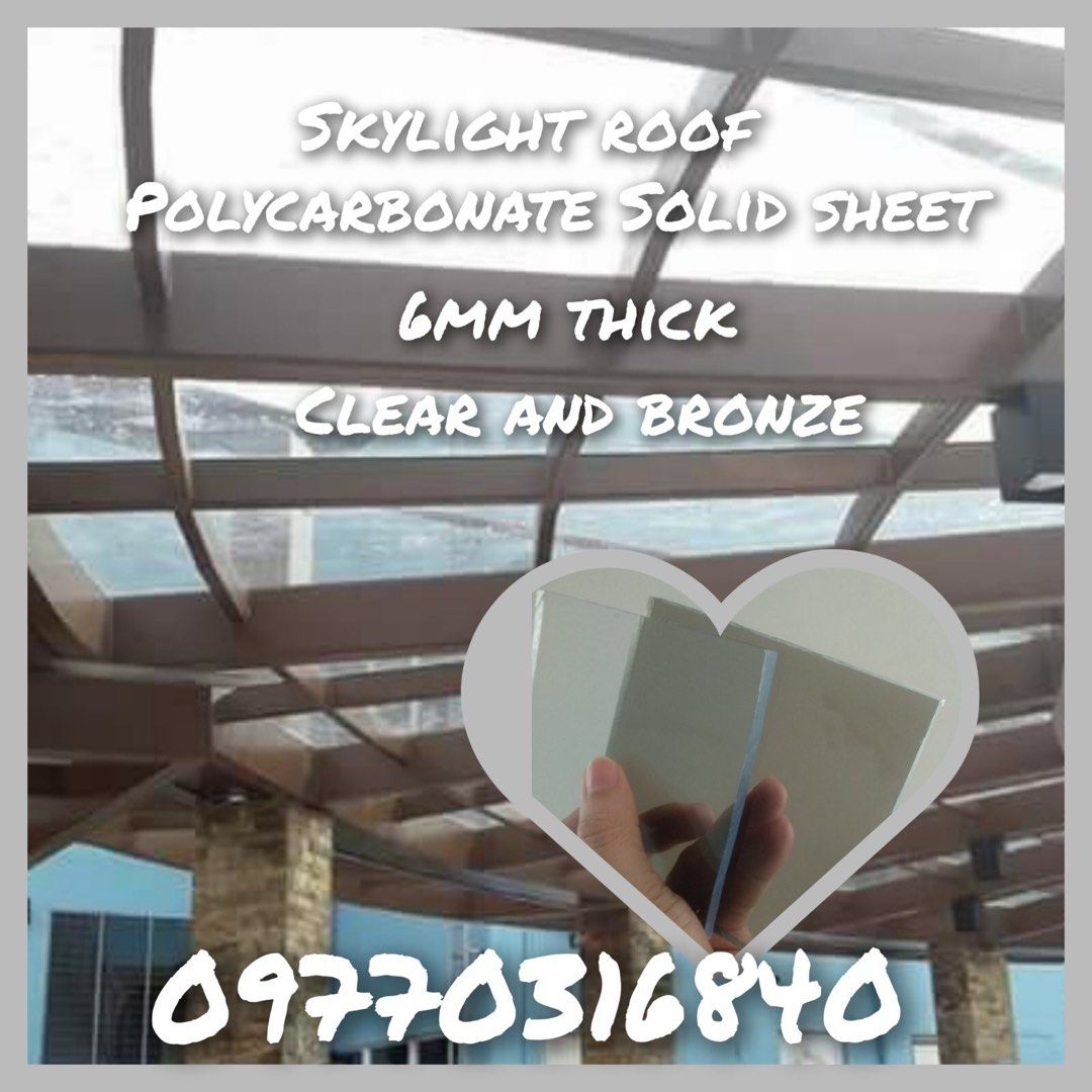 Polycarbonate solid sheet skylight roof clear and bronze (Category: Construction & Building Materials) located in Manila. Submitted by arletteroble (Listing ID 1232881211, Image 1). Description: Available onhand 2mm,3mm,4.5mm and 6mm Clear and bronze Cash On delivery .