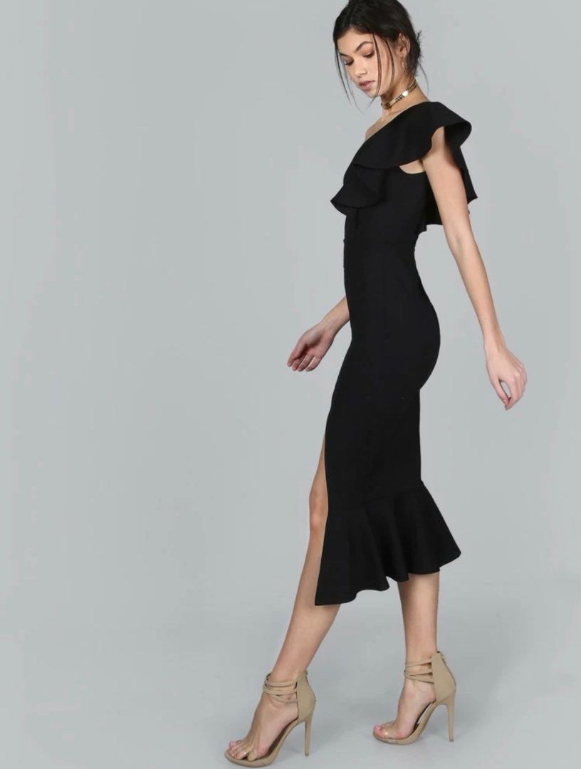 SHEIN One Shoulder Slit Pep Hem Dress Black