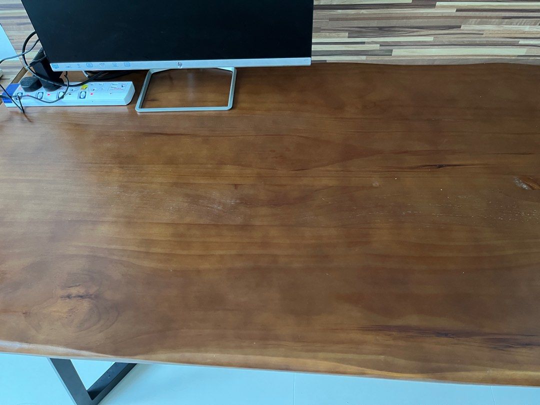 Solid wood table (Category: Tables & Sets) located in Singapore. Submitted by hz265 (Listing ID 1232118347, Image 2). Description: Can be used for dining table or study table Have slight blemish (see last few photos) but otherwise in perfect condition. It’s very heavy (solid wood) so pls arrange for your own movers or delivery service provider Length: 180cm Width: 80cm Height: 75cm Thickness of the table: 5cm Self collection from The Sail after J