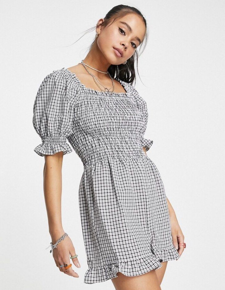 Topshop Petite Shirred Gingham Playsuit