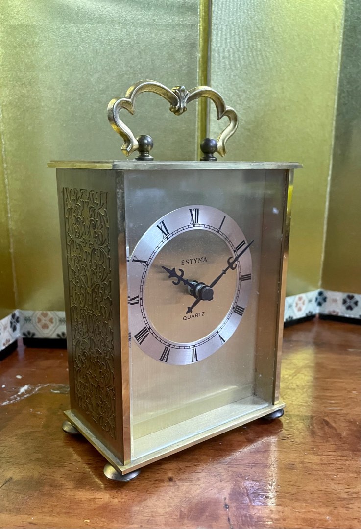 Vintage " ESTYMA " West German Solid Brass Carriage Clock Side Embossed