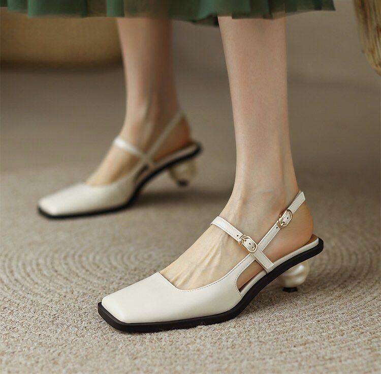 Square toe sandals female summer pearl heel Mid heel gentle fairy style Mary Jane ladies high heeled vintage style