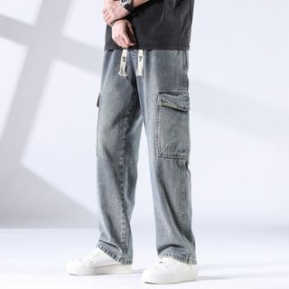 Wide leg jeans men's loose straight student trend dad pants bunched feet nine points pants
