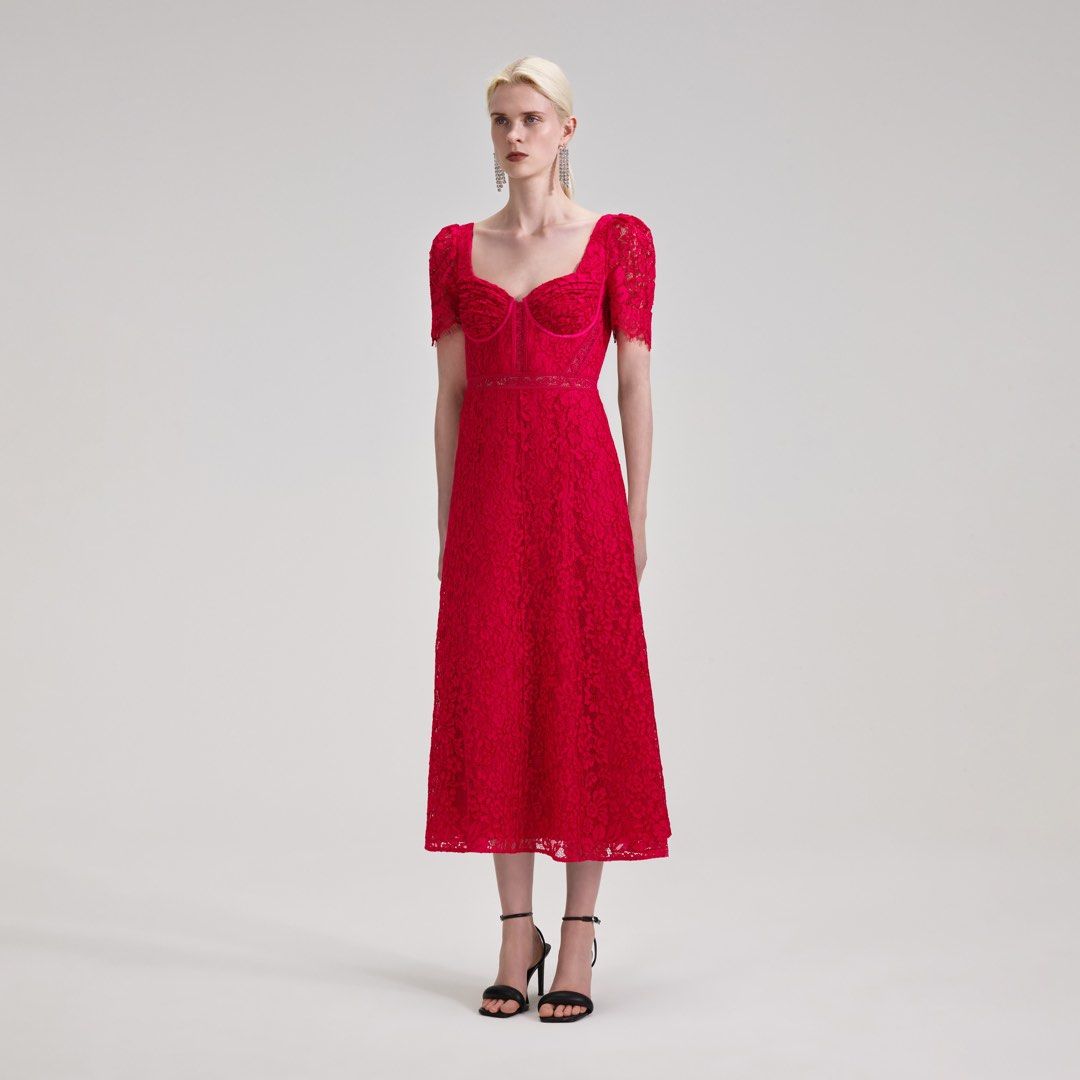 Self Portrait Red Lace Midi Dress