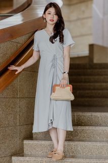 Anticlockwise ACW Drawstring Ruched Midi Dress in Sage