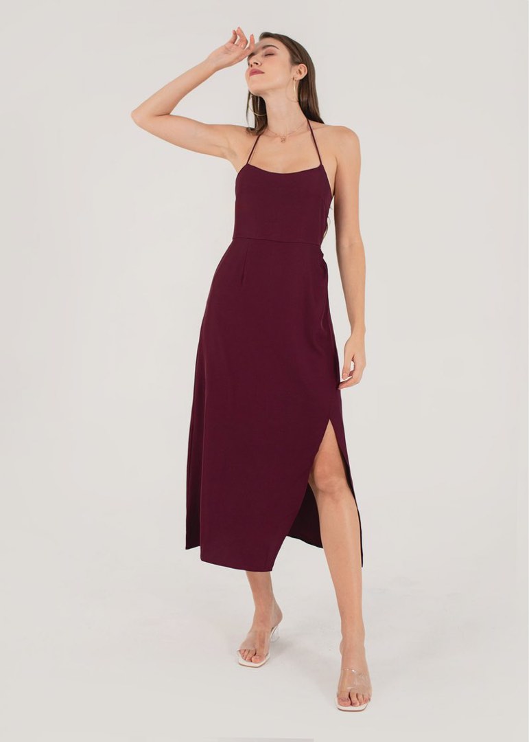 Champagne Mood Floral Halter Midi Dress (Burgundy)