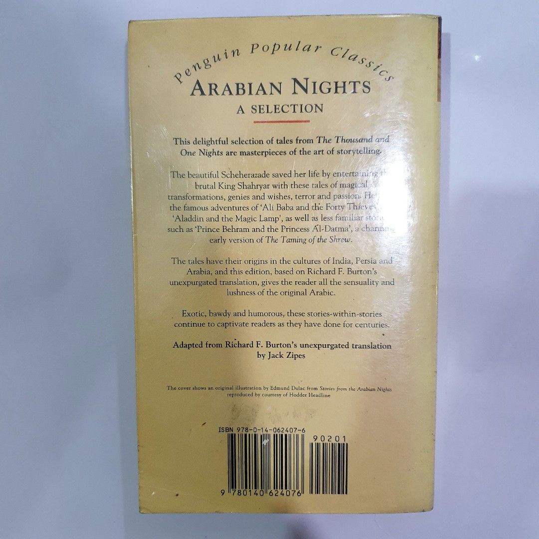 Arabian Nights (Penguin Classic Edition) (Category: Storybooks) located in Makati City. Submitted by binteji (Listing ID 1233108707, Image 2). Description: Please read Mass Market Paperback Authentic and Preloved Tanning No foxing- Very Good condition This is a preloved book so please manage your expectations. This may have stains, foxing, and/or tanning. See photos for the actual condition of the book. ✅️Shopee/ Lazada.