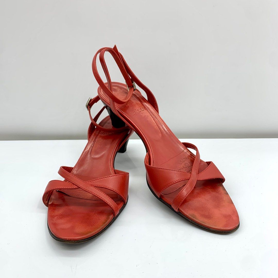 [DISCOUNTED] BALLY RED LEATHER ANKLE STRAP SIZE 37 1/2 SANDAL HEELS  237004101 ;