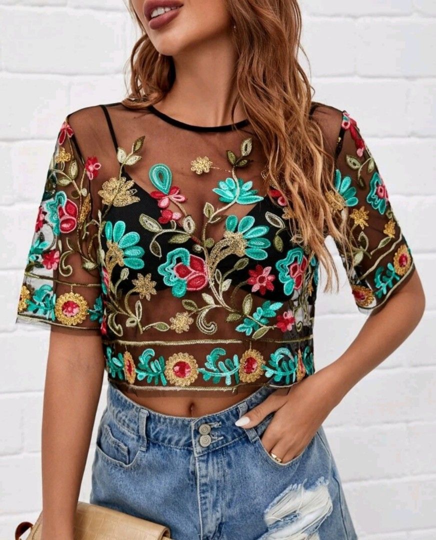 Embroidered mesh store crop top