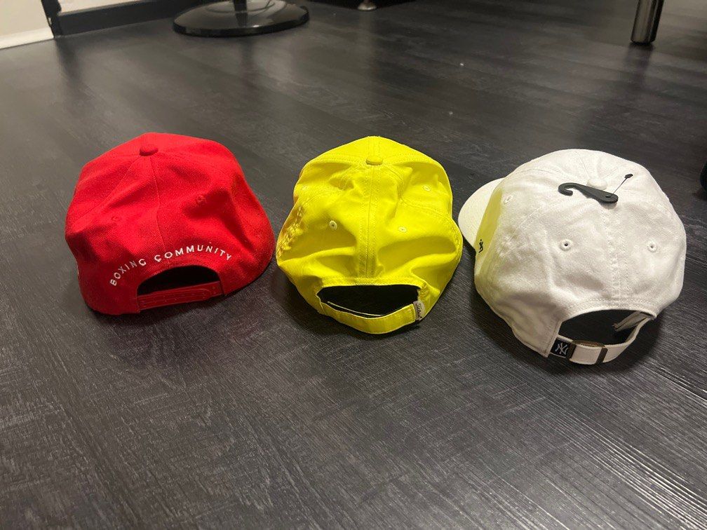 Caps (Category: Caps & Hats) located in Singapore. Submitted by prelved (Listing ID 1233185482, Image 3). Description: Left (Red) - $15 Middle (yellow) - $15 slight stain due to storage Right (white) - $80 .