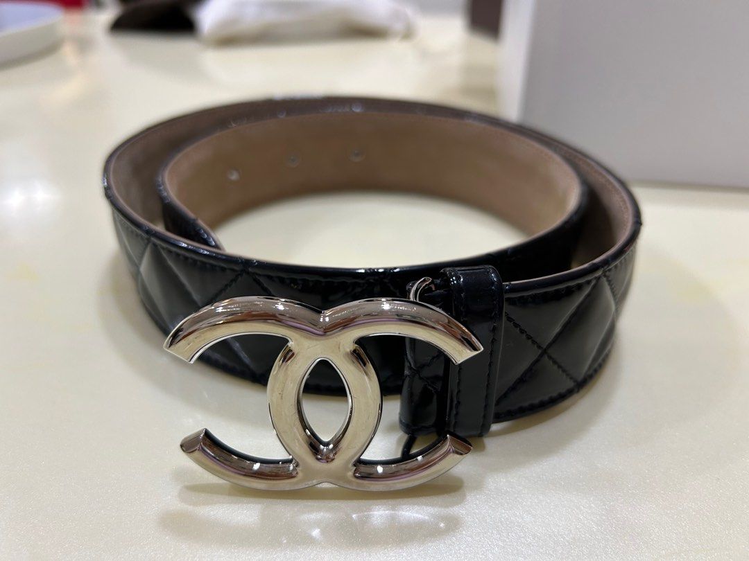 Chanel Cc Logo Belt with Quilted Patent Leather