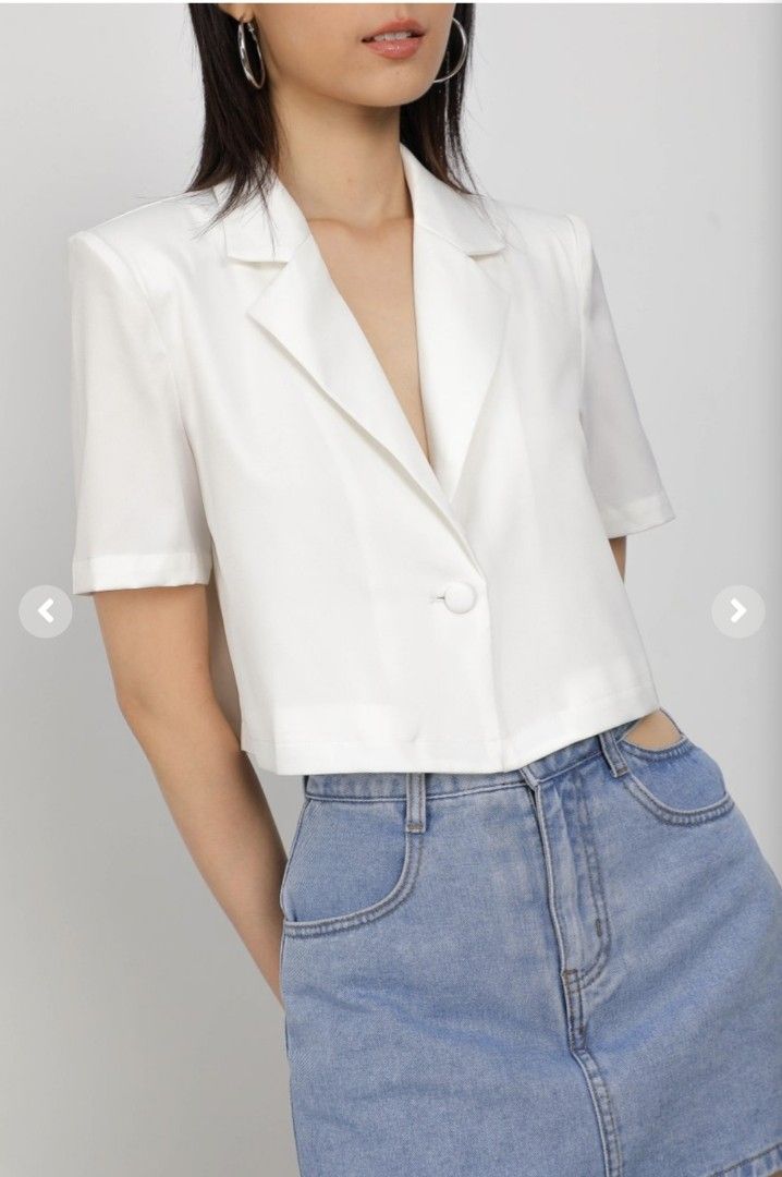 CRIS CROPPED SATIN BLAZER WHITE Women s Fashion Coats Jackets