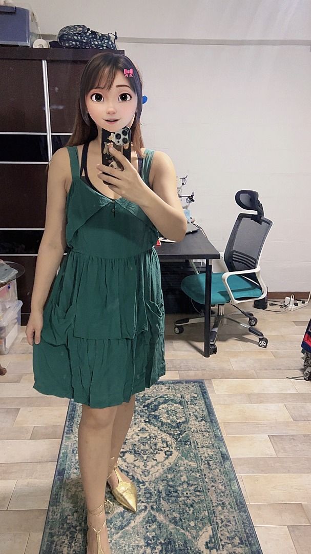Cute green silk dress with pocket Women s Fashion Dresses Sets