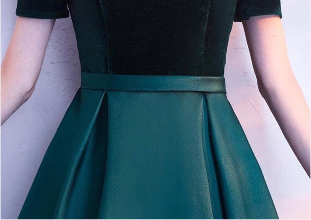 Off-the-Shoulder Pleated Gown with Surplice Bodice Emerald