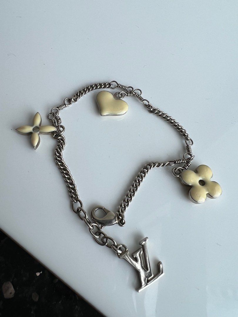 LOUIS VUITTON Monogram Flower Heart Charm Women's Silver Chain Bracelet  Designer