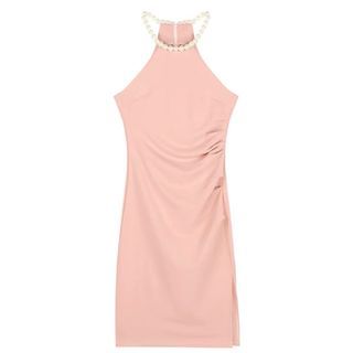 Pink Halter Midi Dress With Pearl Neck Details