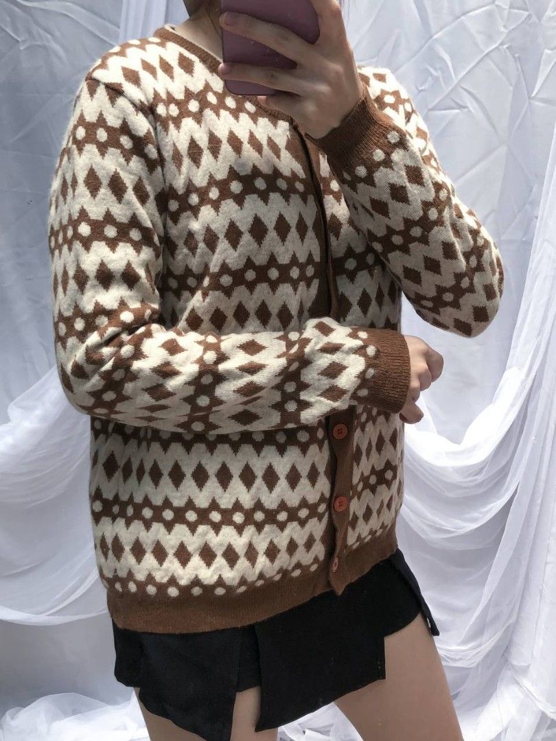 Premium tribal knit in choco and cream cardigan sweater outer, Fesyen ...