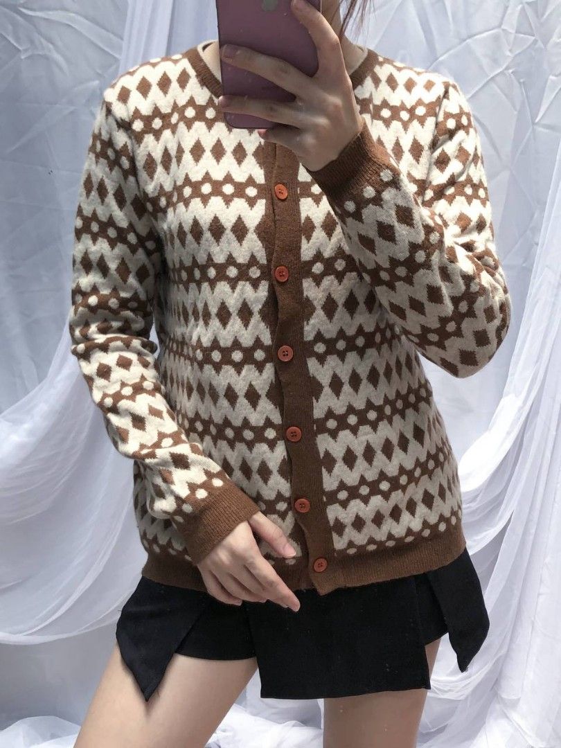Premium tribal knit in choco and cream cardigan sweater outer, Fesyen ...