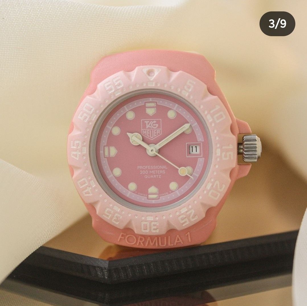 Vintage Tag Heuer Formula 1 Pro 200M (Category: Luxury Watches) located in Manila. Submitted by bb_marykate (Listing ID 1233021568, Image 1). Description: Swiss made, quartz, stainless and steel back, pink and beige rubber round watch, diver bezel, pink dial, date, orig logo crown, orig beige rubber strap and buckle case width: 31.4mm including crown case length: 32.88mm thickness: 8.9mm strap: 5 to 7.5 inches price is negotiable.