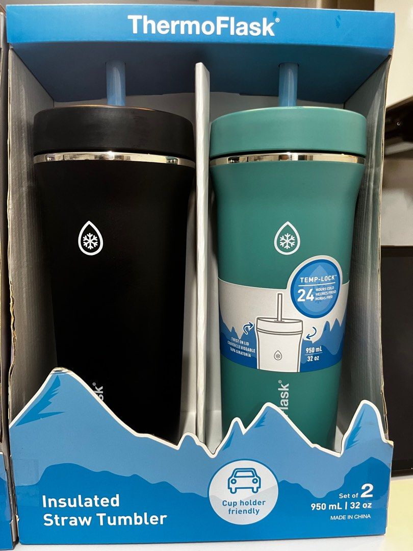 Thermoflask 32oz Insulated Standard Straw Tumbler, 2-Pack, Black/Teal