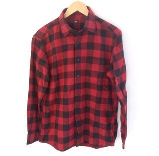 Uniqlo Flannel Shirt Original Authentic Kemeja Kotak-Kotak Lengan Panjang Unisex Baju Red Black Merah Hitam