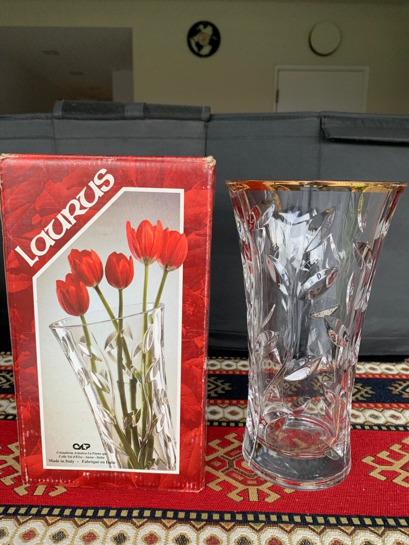 Vintage Crystal Vase with Gold Painted Rim, Furniture & Home Living