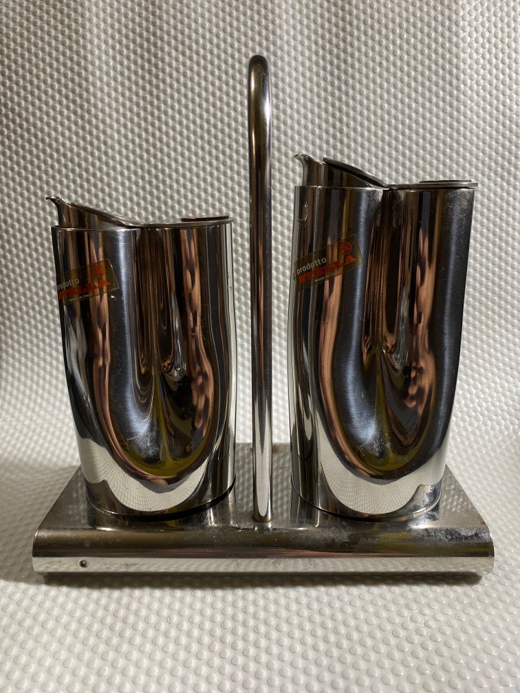 Vintage Italian dressing cruet set in stainless steel, brass and copper