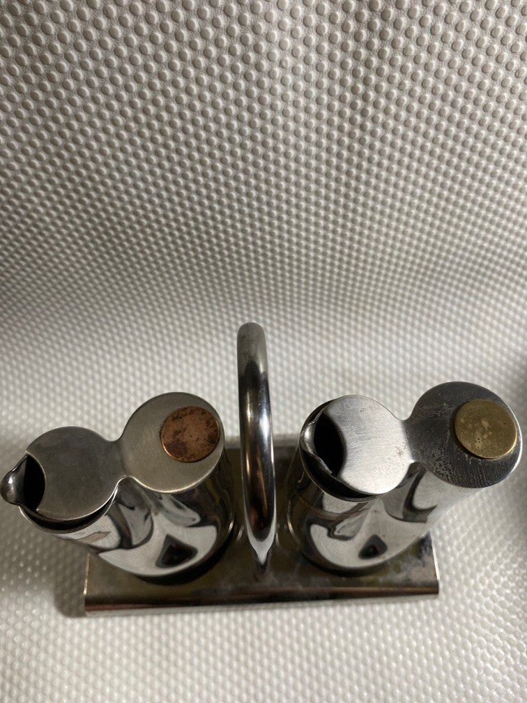 Vintage Italian dressing cruet set in stainless steel, brass and copper