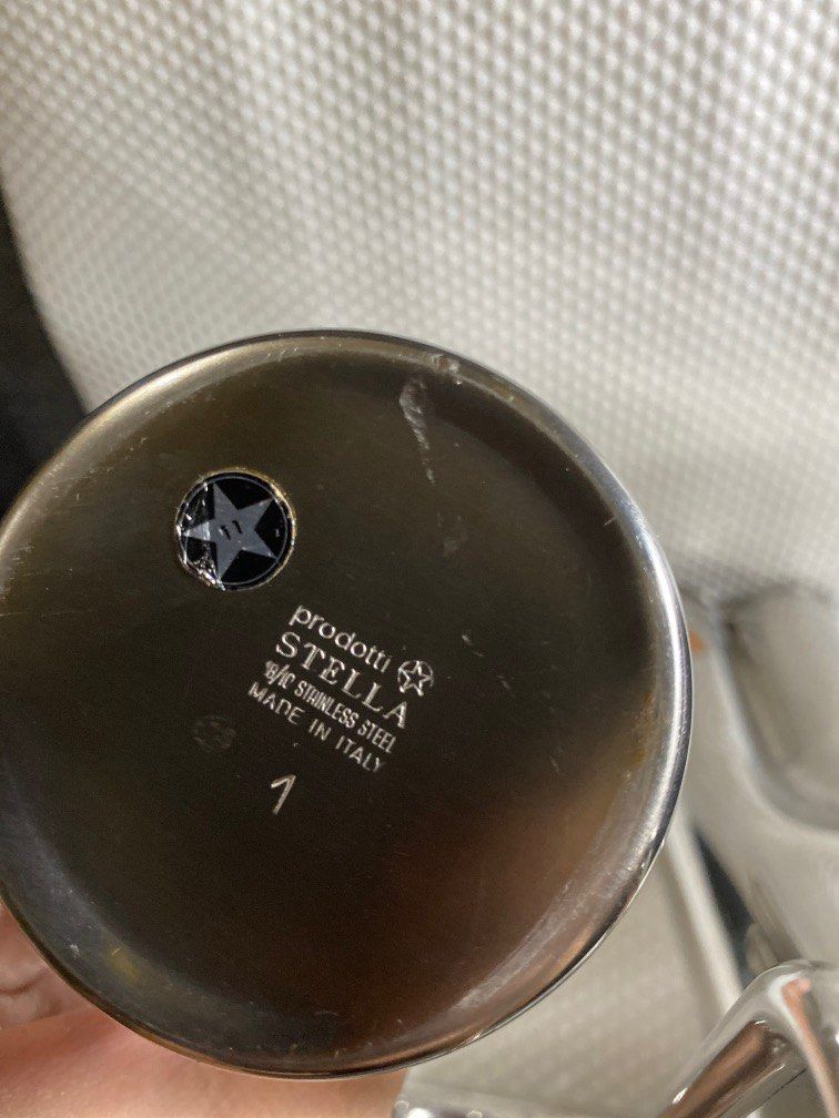 Vintage Italian dressing cruet set in stainless steel, brass and copper