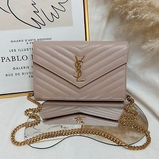 YSL Small Wallet on Chain in beige and gold hardware