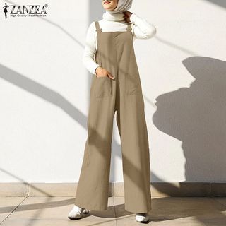 ZANZEA Women Casual Sleeveless Solid Wide Leg Loose Muslim Khaki Brown Jumpsuit