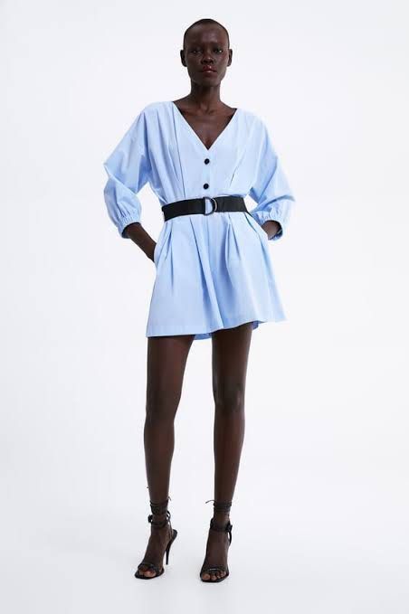 Zara Poplin Jumpsuit Dress Blue