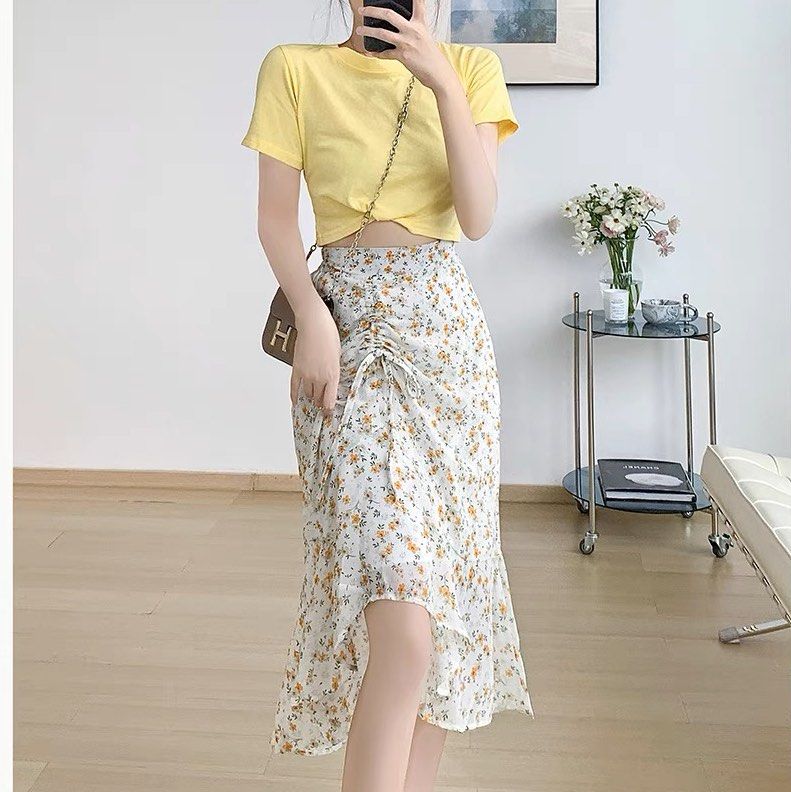 10 COLORS Side Ruched Floral Midi Skater Skirt Women s Fashion