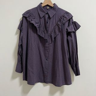 日系風格荷葉拼接細格襯衫