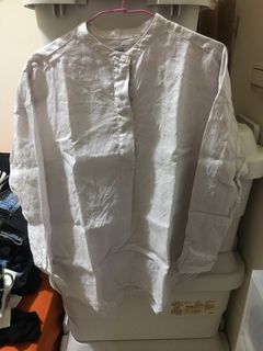 無印良品 法國亞麻長版衫 銀灰