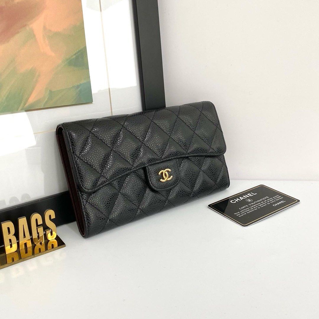 💯% Authentic Chanel Black Caviar Tri-Flap Wallet in Gold Hardware