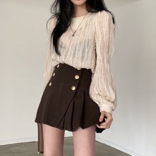 正韓氣質蕾絲圓領波浪紗網上衣 blouse 荷葉邊 長袖 氣質 甜美 韓國代購 東大門