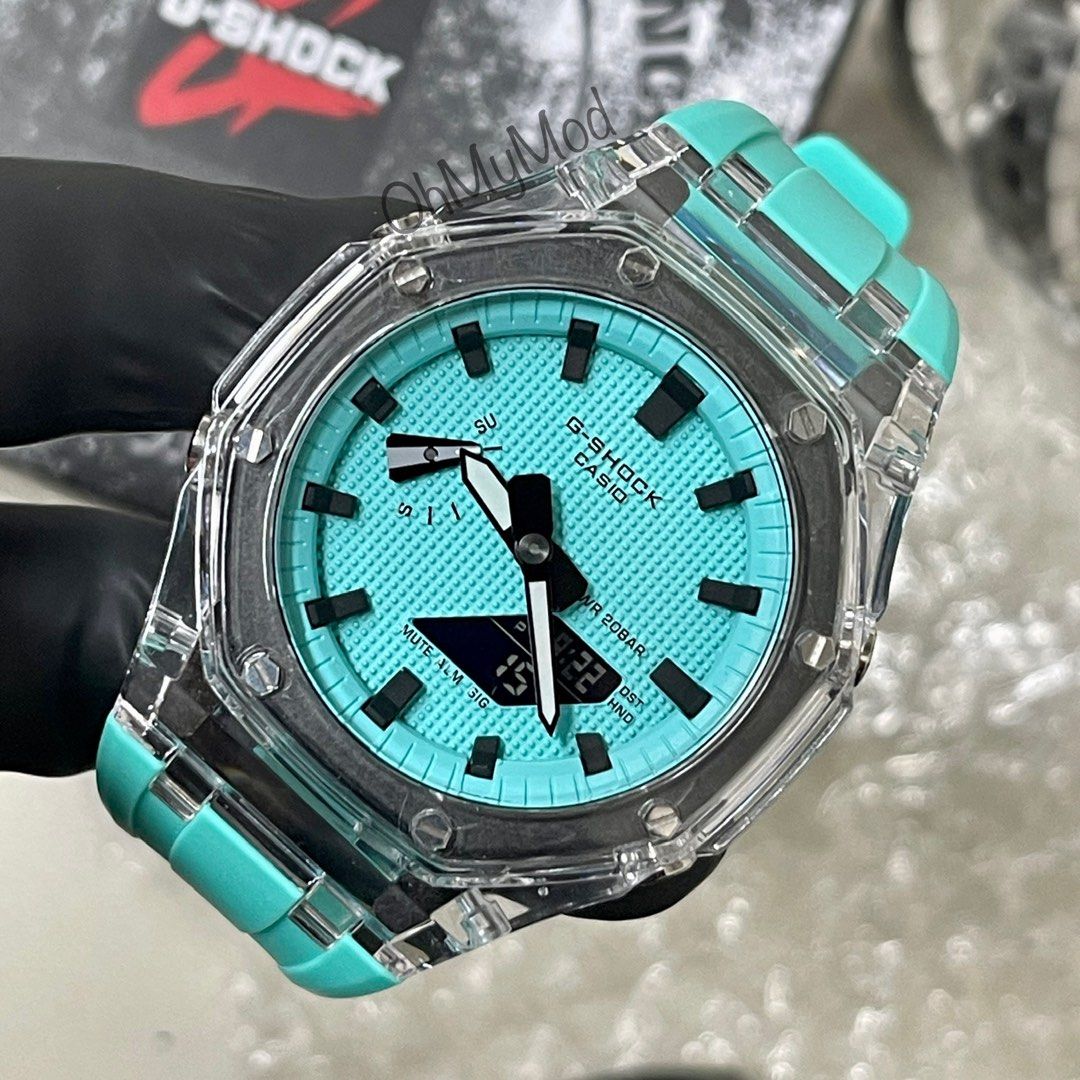 SALE Tiffany Blue Two tone with Black on Transparent Bezel Tiffany Silicone Rubber Strap CasiOak Mod Customised G Shock GA2100