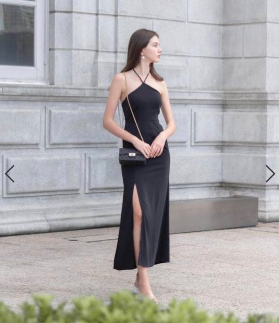 Women's Black Halter Neck Maxi Dress with Draped Waist