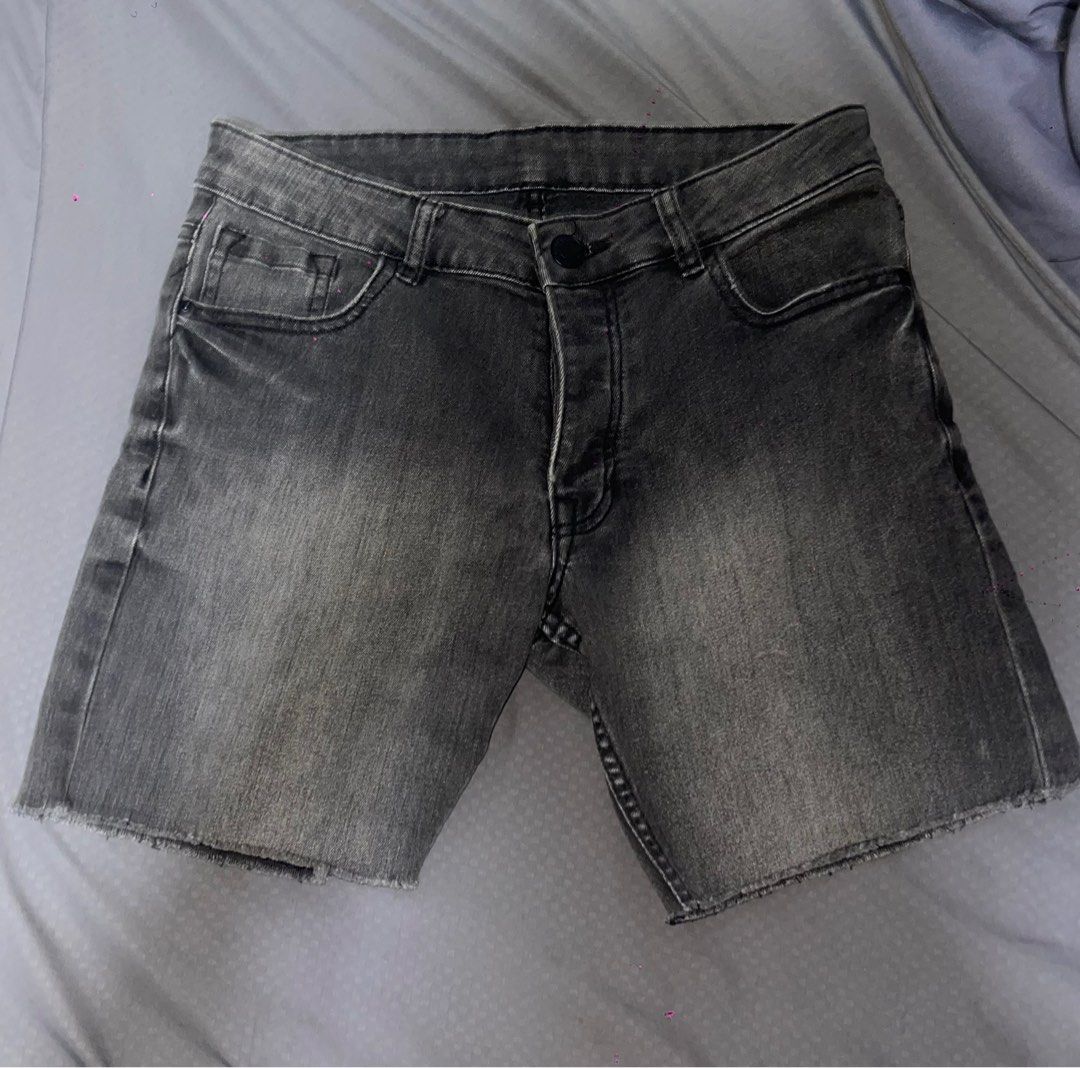 Black washed summer mens denim raw hem shorts