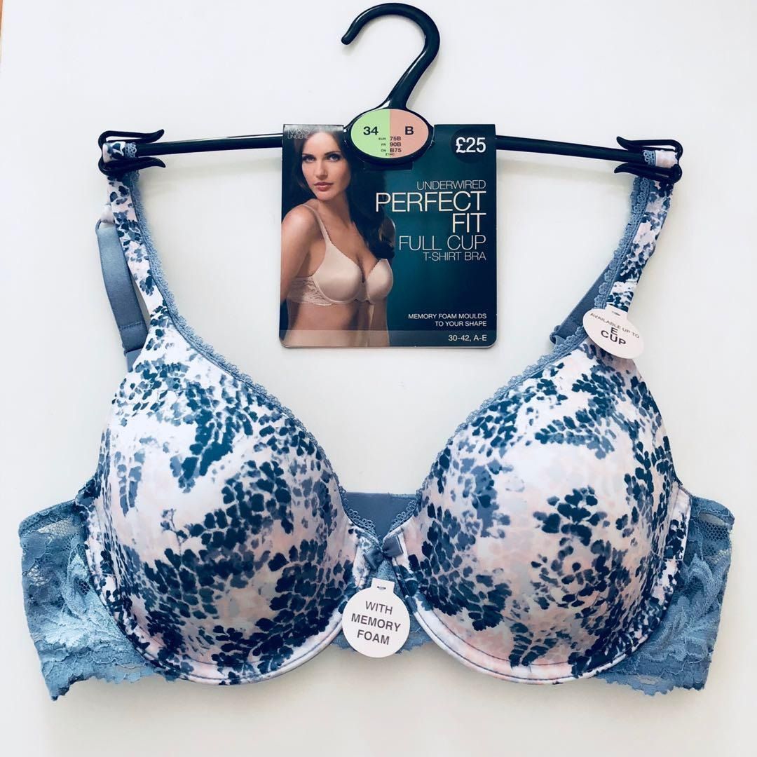 BNWT New Marks & Spencer Blue Floral Lace Trim Memory Foam Perfect Fit Bra,  Women's Fashion, New Undergarments & Loungewear on Carousell