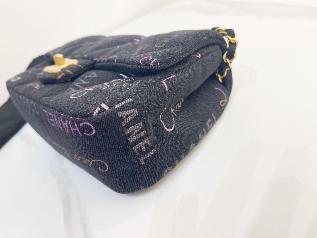 MIB 100%AUTH CHANEL 22P Black Denim Chanel Scripts Mini Flap Bag