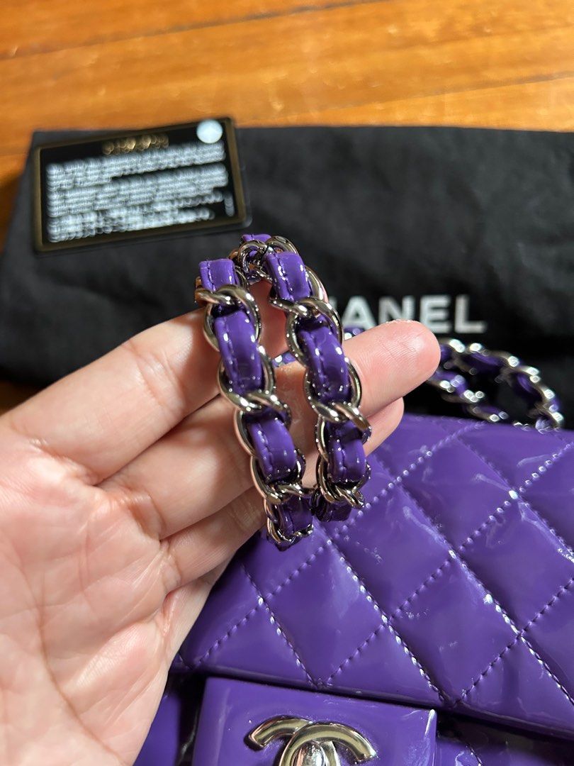 Chanel mini flap (Category: Luxury Bags & Wallets) located in Makati City. Submitted by myterry1941 (Listing ID 1233265297, Image 3). Description: Excellent condition Chanel mini square flap bag With dust bag and care card Purple patent leather Silver hardware .