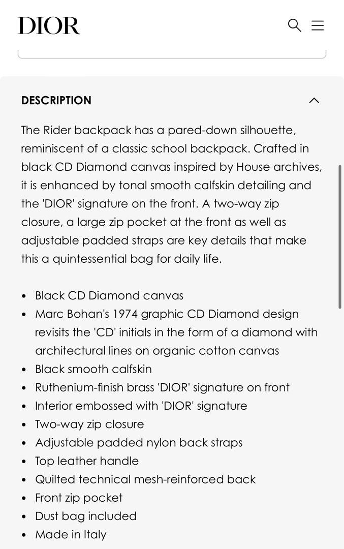 Rider Backpack Dior Gray CD Diamond Canvas and Smooth Calfskin