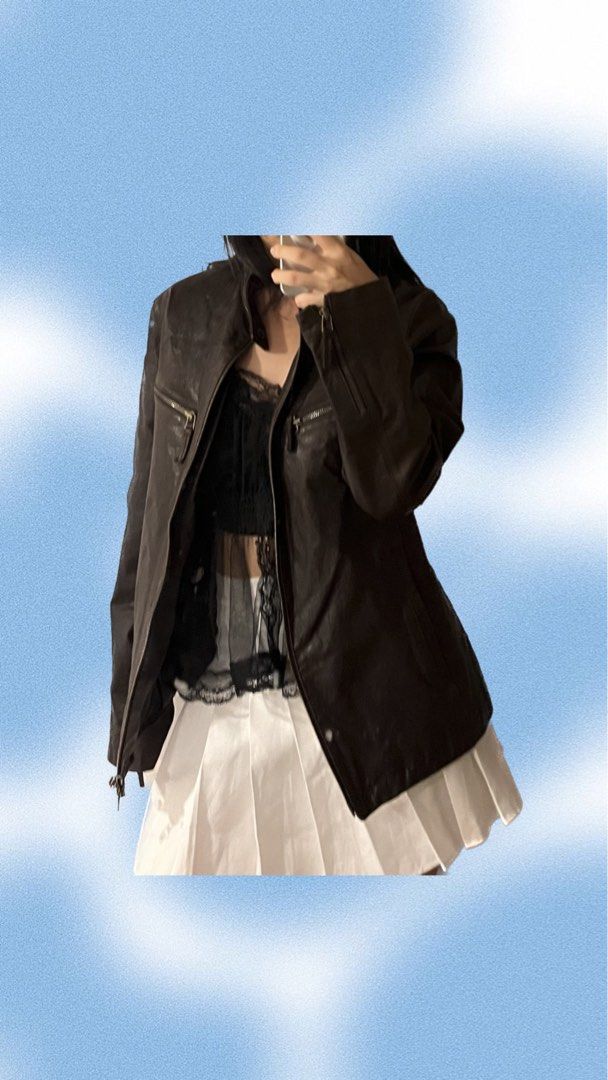 Dkny blue leather jacket hot sale