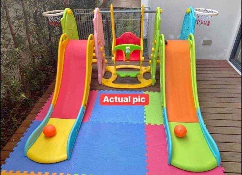 Double Slide with Swing for Kids (Category: Infant Playtime) located in Pasay City. Submitted by mjmsvarietystore (Listing ID 1233217628, Image 1). Description: Double Slide with Swing for Kids Price: 7,500 🟣Product size: 180x105x215cm 🟣Brand new and High quality 🟣Eco friendly 🟣Suitable for 1-8 years old 🟣Ideal gift for kids 🟣We do Shipping Nationwide For inquiries and to order: PM me on Facebook or Call/text me on 09603073035/ 09154178963.