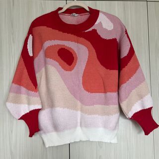 FUNKY / WAVY CHUNKY KNIT GRAPHIC SWEATER - Red/Pink/White